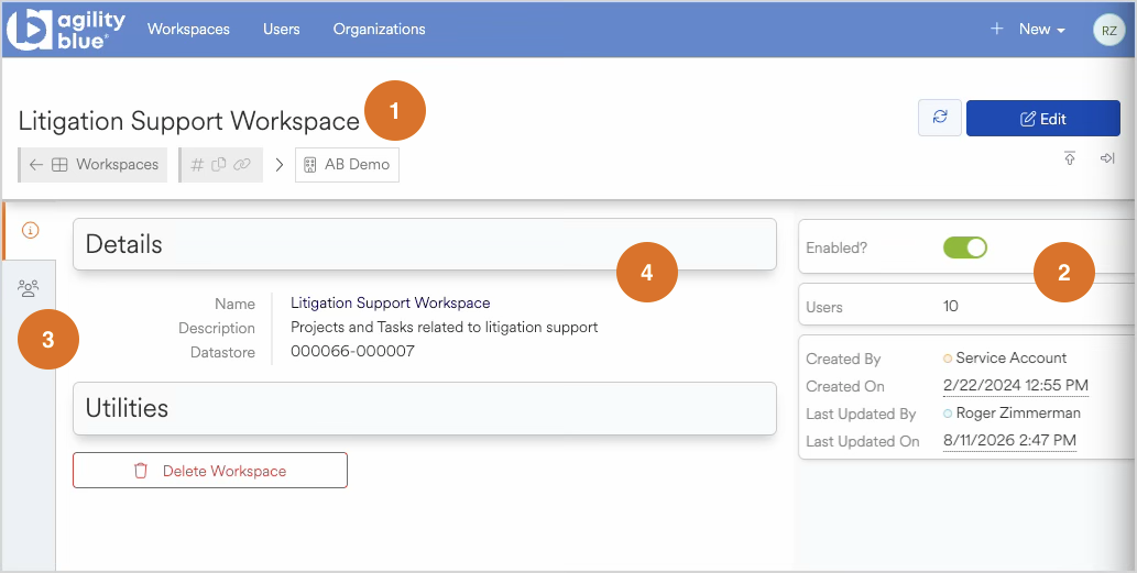 Overview of the Litigation Support Workspace with details and user information displayed.